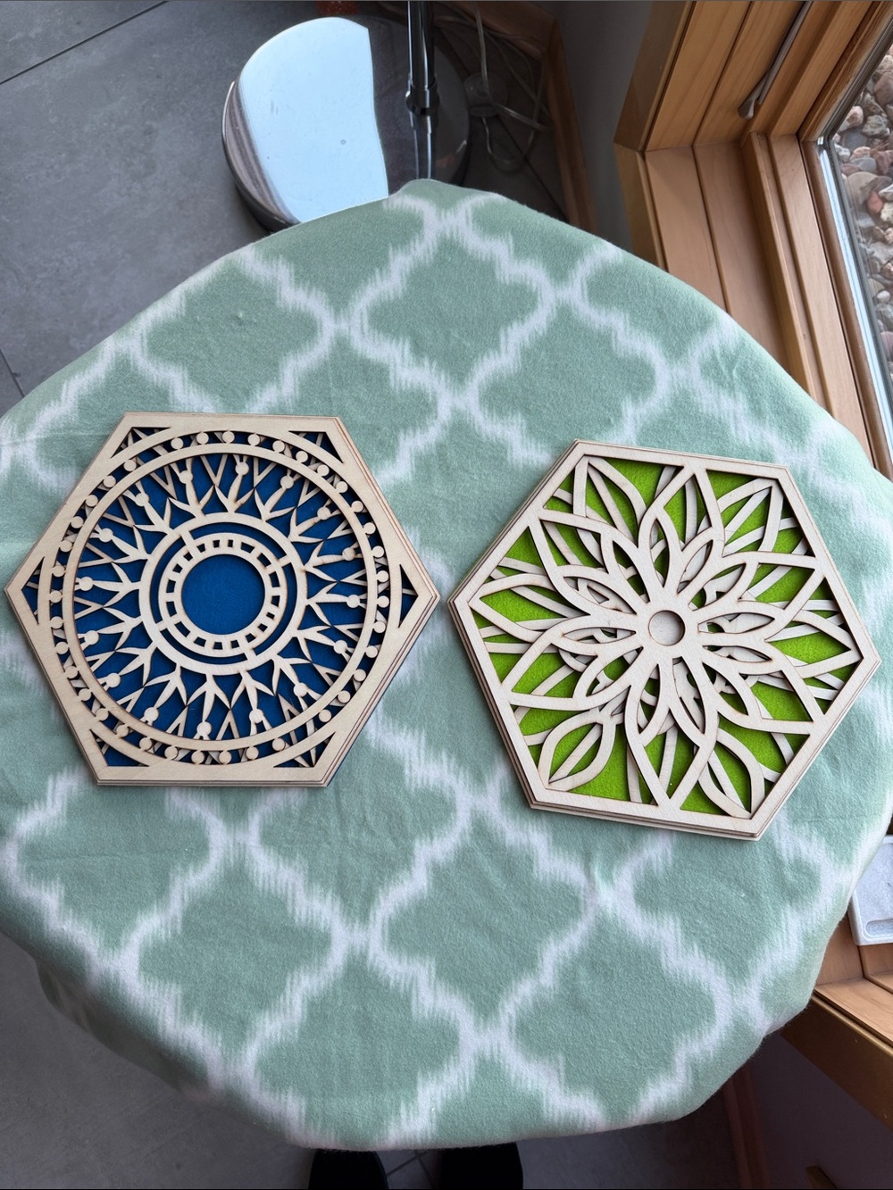 2 pieces Hexagon Laser-Cut Wood Wall Plaques with Blue and Green acoustic Inlays
